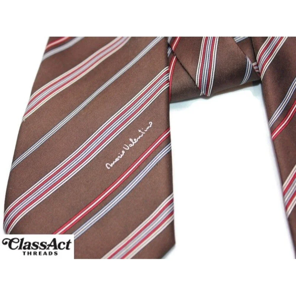 Vintage Mario Valentino Brown Striped Italy Silk Designer Tie 3